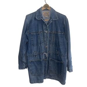 Vintage Jean Blue Brand Denim Chore Jacket Womens Medium Drawstring Waist Long